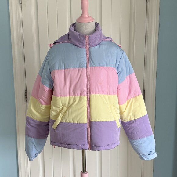 Kawaii Pastel Rainbow Stripe Puffer Coat with Hood - Picture 1 of 11